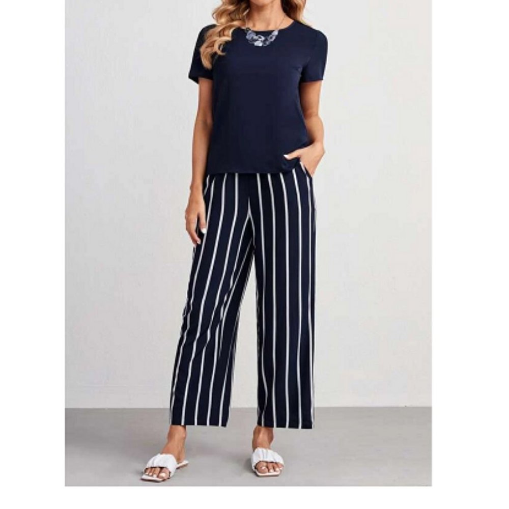 EMERY ROSE By Shein Solid Top & Striped Wide Leg Pants In Blue Size XL NWOT